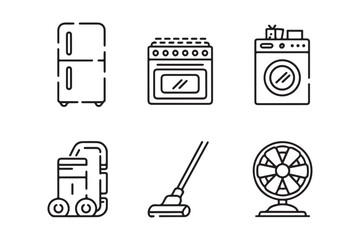 Set of six simple line art icons representing common household appliances