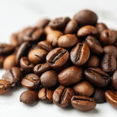 Naklejka premium Close up image of roasted arabica coffee beans piled on a white background for coffee lovers