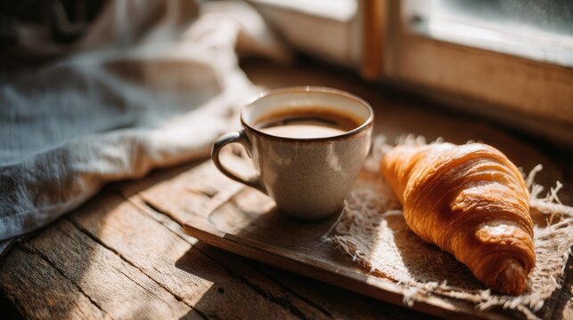 A warm cup of coffee sits beside a freshly baked croissant on a rustic wooden table. Sunlight filters through the window, creating a cozy atmosphere.
