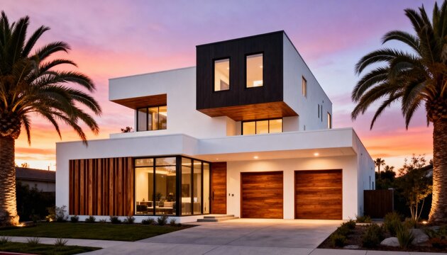 Modern two-story house with white facade, wooden accents, and twilight sky.