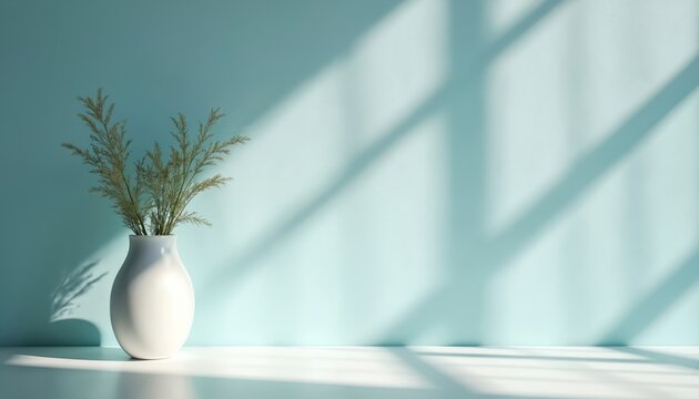 White vase with dry grass on pastel blue wall. Sunlight creates geometric shadow patterns on surface and floor. Minimalist indoor background for display.