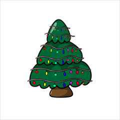 Vector color hand-drawn illustration of a green Christmas tree on a white background