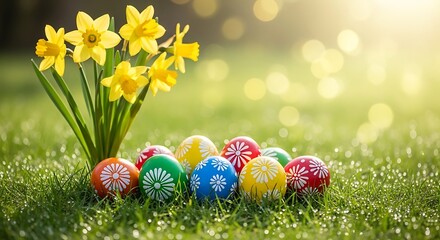 Colorful easter eggs and yellow daffodils on green grass with bokeh lights