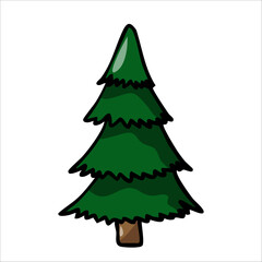 Vector color hand-drawn illustration of a green Christmas tree on a white background