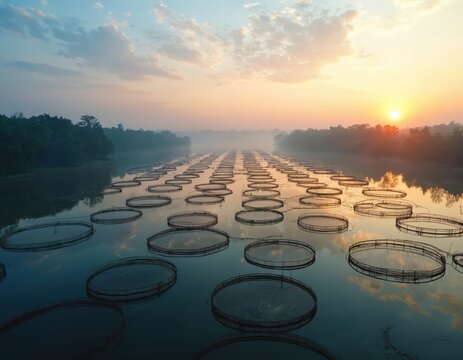 Aerial view shows large array of circular fish farm cages on calm water. Golden sunrise sunset light reflects, mist hangs over serene lake. Aquaculture industry uses modern net pens for efficiently