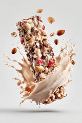 Natural Protein Bar with Nuts &ndash; Close-Up on White Background, Food Promotional Photo