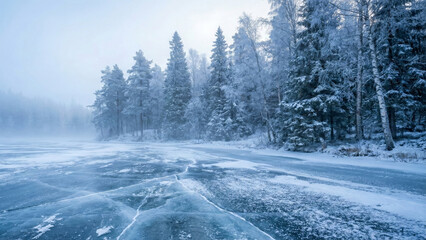 Fototapeta premium Frozen Lake Surface with Ice Cracks and Snow Covered Pine Forest in Misty Winter Landscape