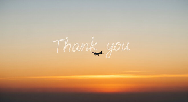 Airplane flying towards a vibrant sunset, with "Thank you" elegantly written in the sky.
