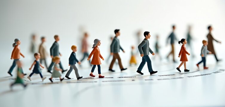 Many tiny people figurines walk in neat orderly lines on pristine bright white background. Diverse miniature men, women, children of ages slowly move forward along life path. Population flow, human - Powered by Adobe