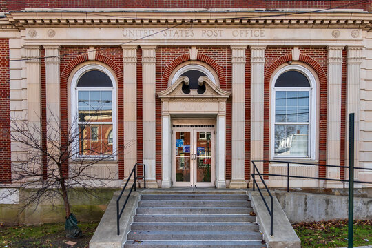 Haverstraw, NY - US - Nov 28, 2025 the front of the United States Post Office in Haverstraw, New York, a historic Colonial Revival building opened in 1936.