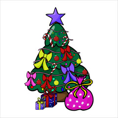 Vector color hand-drawn illustration of a green Christmas tree on a white background