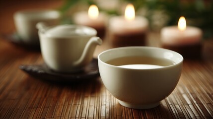 Warm Wellness Tea Scene With Candles on a Bamboo Table in a Calming Setting