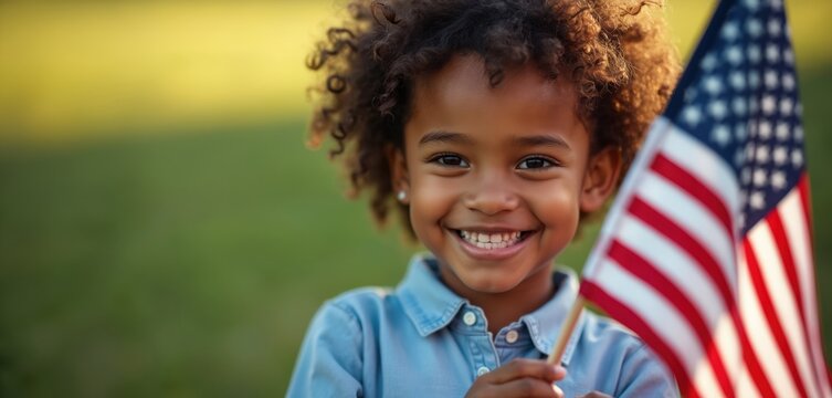 Smiling dark skinned child holds American flag. She celebrates Independence Day outdoors in natural light. Girl wears blue denim shirt, has curly hair. Pride, joy are evident in her happy expression.
