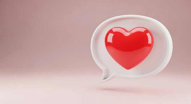 3d red heart icon in a speech bubble on a soft pink background