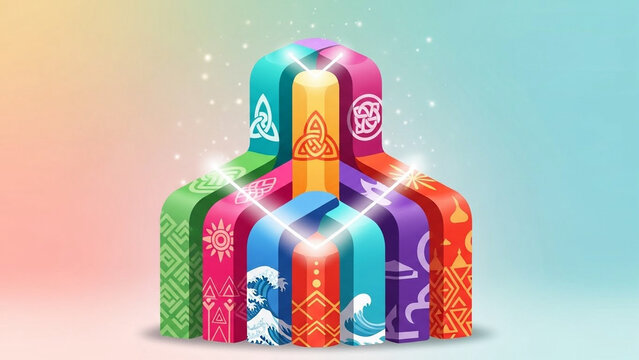 Abstract cartoon pillars representing different cultures forming one stable structure, harmony glow, no people.