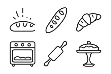 Hand drawn bakery icons featuring bread oven croissant and cake