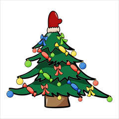 Vector color hand-drawn illustration of a green Christmas tree on a white background