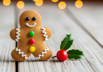 A cheerful gingerbread man cookie decorated with icing and candy buttons stands next to a sprig of holly on rustic white wooden planks with bokeh holiday lights.