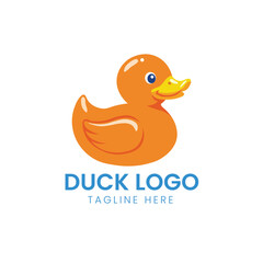 Simple, cheerful yellow rubber duck toy icon with an orange beak for play and water Vector logo template