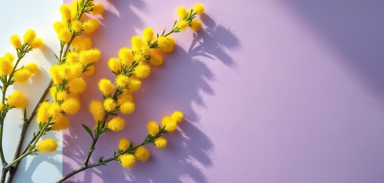 Mimosa branch lies on lilac background in sunlight. Spring flowers bloom. Floral composition for greeting card. Empty space for text about international women day mother day celebration. Pastel