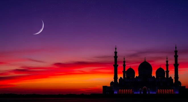 Silhouette of islamic mosque against a vibrant sunset sky with crescent moon