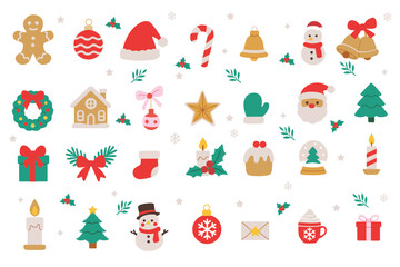Christmas icons, retro holiday decorations, vector illustration.