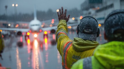 Airport ground crew guiding aircraft in heavy rain