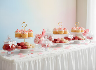 romantic sweets buffet with macarons cupcakes and heart sprinkles for celebration