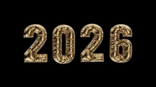 New Year. 2026 text from glossy, crinkled waving mylar balloons. Transparency embedded. Loop