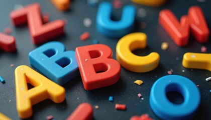 Bright plastic letters of alphabet lay scattered on dark surface. Kids learn to read, write, spell words. Preschool child plays with toy letters, studies language basics. Represents early education,