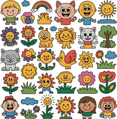 Obraz premium A cute vector set of smiling baby animal faces including lion, tiger, panda, dog, bear, pig, sheep, rabbit, cat, and giraffe for fun kid character icons