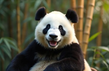 Naklejka premium Happy giant panda smiles with open mouth, showing pure joy. Cute wild animal poses within natural bamboo habitat. Beautiful mammal iconic black, white fur, truly lovely wild creature native to Asian