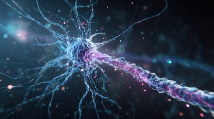 A vibrant depiction of a neuron, showcasing its intricate structure and connections, illuminated in a colorful, digital style.