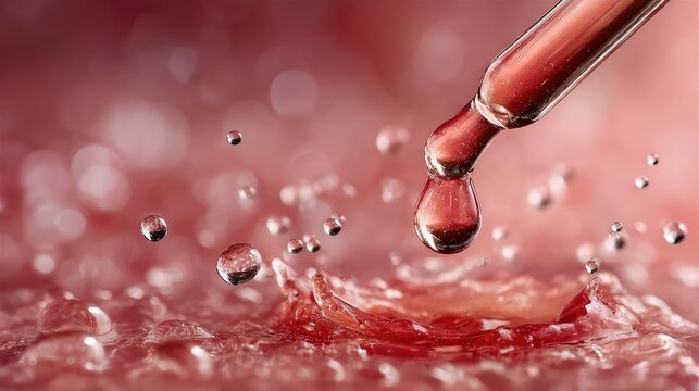 Macro Droplet of Pink Cosmetic Serum Splashing into Liquid Surface