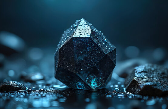 Dark blue crystal with water droplets rests on wet dark surface. Reflecting light blue glow on facets. Macro shot reveals intricate detail and texture.