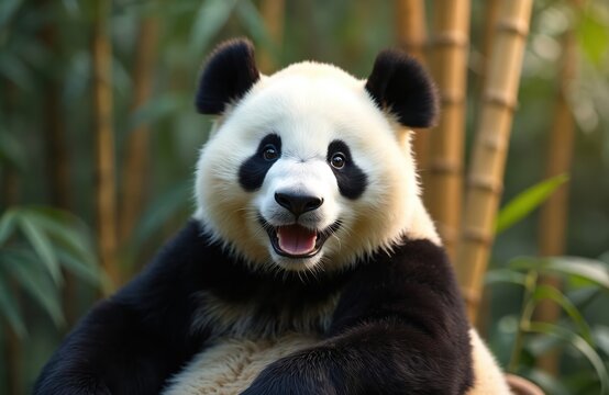 Happy giant panda smiles with open mouth, showing pure joy. Cute wild animal poses within natural bamboo habitat. Beautiful mammal iconic black, white fur, truly lovely wild creature native to Asian - Powered by Adobe