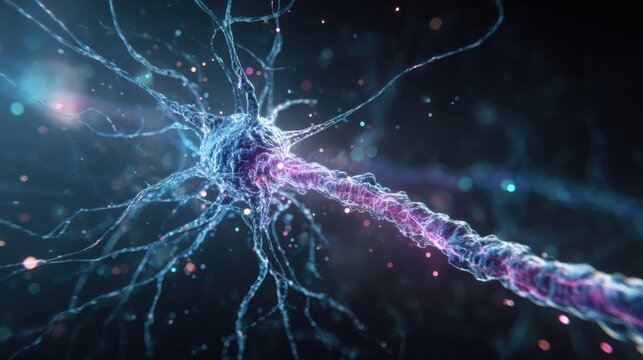 A vibrant depiction of a neuron, showcasing its intricate structure and connections, illuminated in a colorful, digital style.