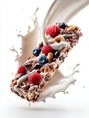 Natural Protein Bar with Nuts, Berries and Milk Splash &ndash; Close-Up on White Background, Food Promotional Photo