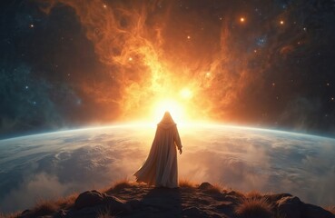 Fototapeta premium Robed figure stands on rocky peak overlooking Earth. Powerful bright light radiates over planet horizon. Cosmic sky stars, fiery nebulae. Illustration evokes spirituality divine presence over world.