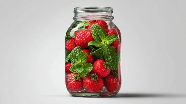 Bright red strawberries and fresh green mint leaves fill a clear glass jar, creating a colorful arrangement. This simple still life highlights fresh produce for summer recipes.