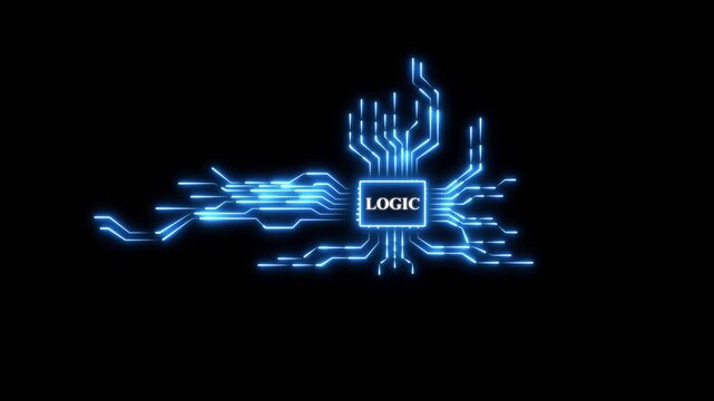 Glowing blue circuit board with the word LOGIC in the center. Glowing neon abstract futuristic tech background with circuit board lines.