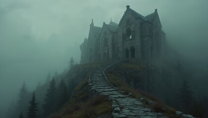 Naklejka premium Ethereal mist shrouds old mountaintop castle ruins. Stone stairs lead to fortress among hills. Ancient gothic architecture evokes mystery, fantasy. Forest trees surround landmark, sky disappears in