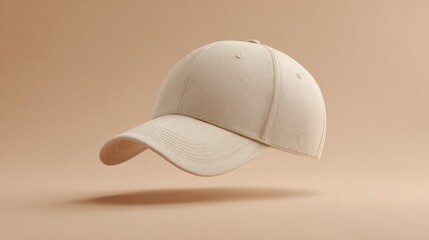 Fototapeta premium A light beige baseball cap is suspended in the air against a smooth neutral backdrop. The focus is on the cap's contemporary shape and minimalist appeal, highlighting its simple elegance.