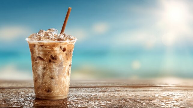 Enjoy Refreshing Iced Coffee on a Bright Summer Day at the Beach With Shimmering Sunlight