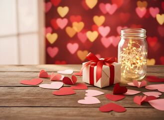 romantic love concept with wrapped present and glass bottle with heart bokeh lights