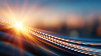 Dynamic glowing light streaks with a bright warm flare over soft gradient background