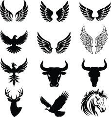 Obraz premium Collection of various animal and bird silhouettes, including eagles, bulls, deer, horses, phoenixes, and wings