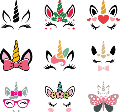 A collection of cute unicorn faces with different decorations perfect for creating invitations, cards, and party decorations
