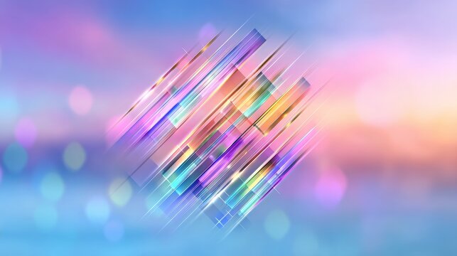 Futuristic neon crystal composition with soft pastel gradients and glowing prismatic light streaks