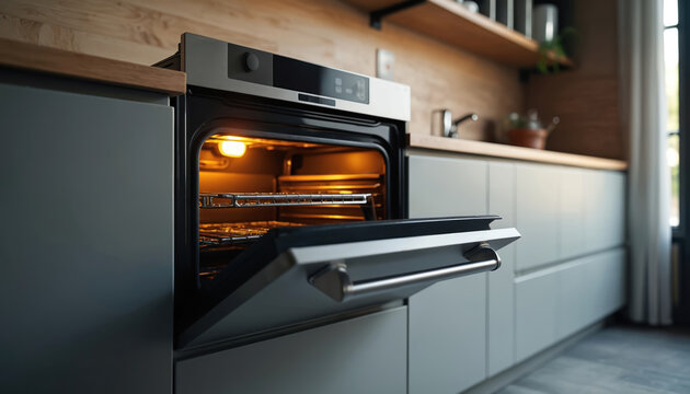 New oven with open door in modern kitchen. Silver electric appliance on wood tabletop at home. Contemporary equipment to prepare food. Interior of house with stove for cooking.